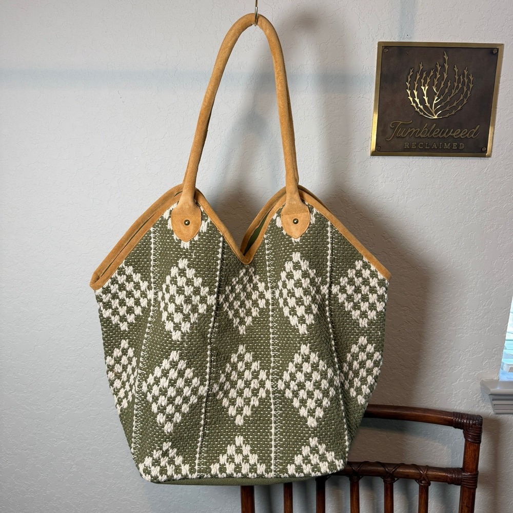 Panache Apparel Green Woven Geometric Diamond Pattern Tote Shoulder Bag Boho